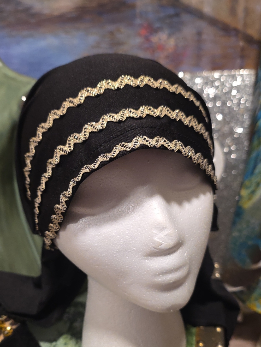 Black Headscarf with Gold Trim - Picture 2 of 9